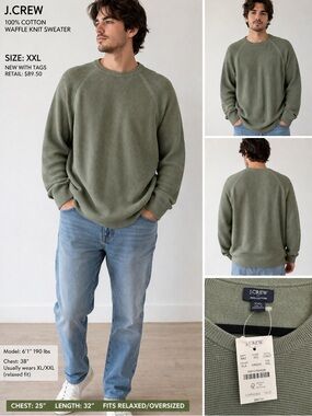 J.Crew Men’s Waffle Knit Sweater XXL Sage Green Crewneck Cotton NWT $89.50